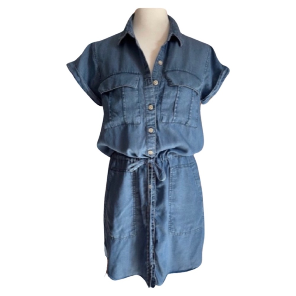 Thread & Supply🌞 short sleeve blue denim mini dress loose fit, tie at waist